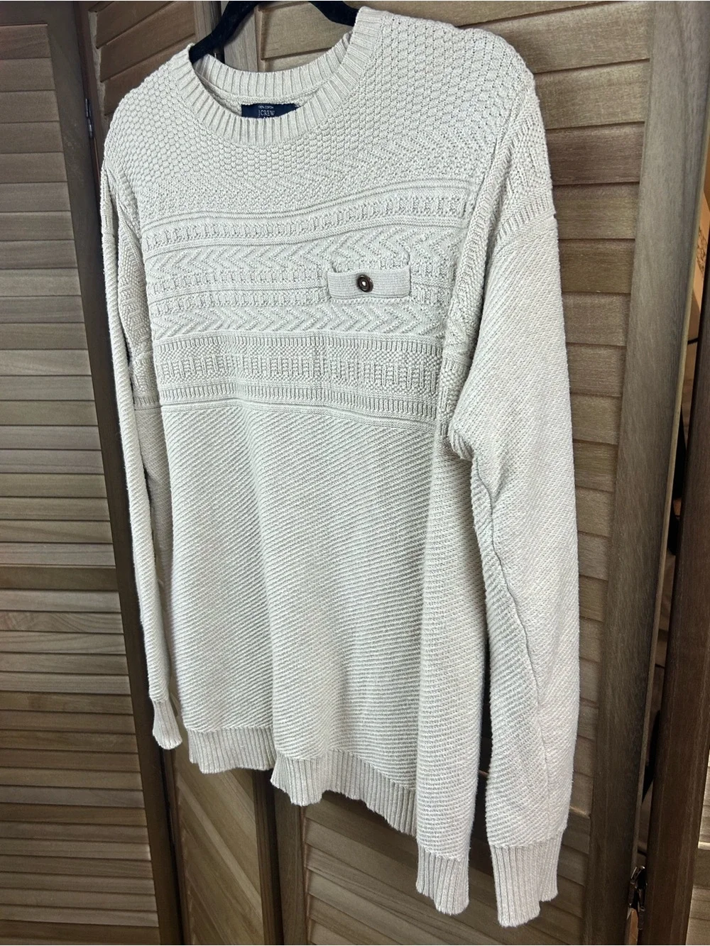 J.Crew Men’s Medium 100% Cotton Textured Knit Sweater Beige Crewneck Pocket